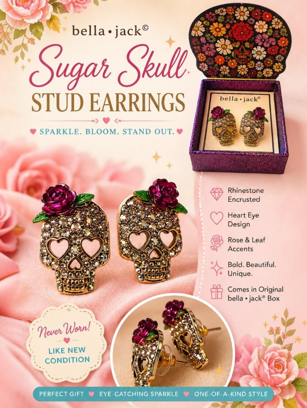Bella Jack Sugar Skull Rhinestone Rose Stud Earrings